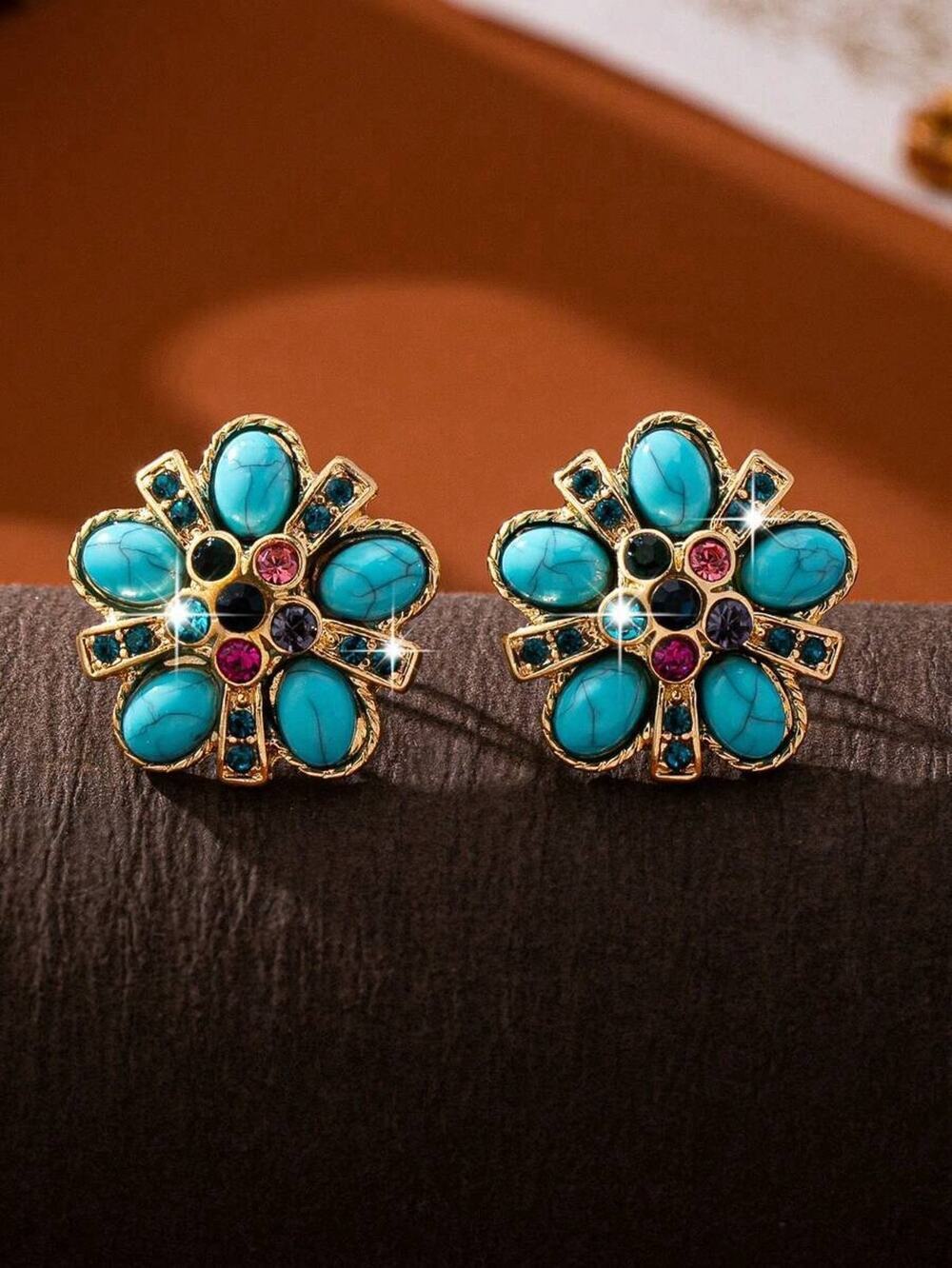 Antique Turquoise Earrings Clip-on Flower Museum Court Gold CZ VTG Fan Art Deco